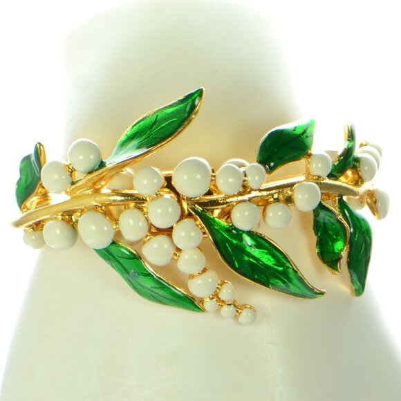 Oscar de la Renta Green Leaf Faux Pearl Lily Bracelet